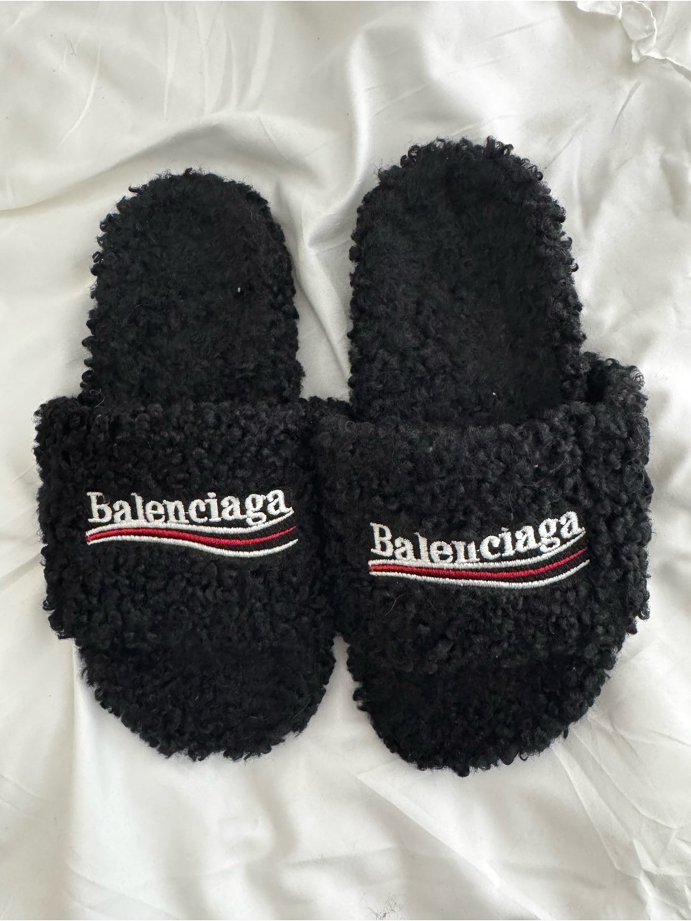 Balenciaga black fuzzy shearling logo slides